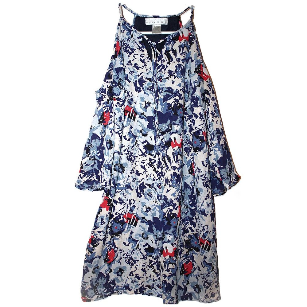 Kelly Renee Cold Shoulder Shift Dress Women's Small Front Tie Blue & Pink Floral
